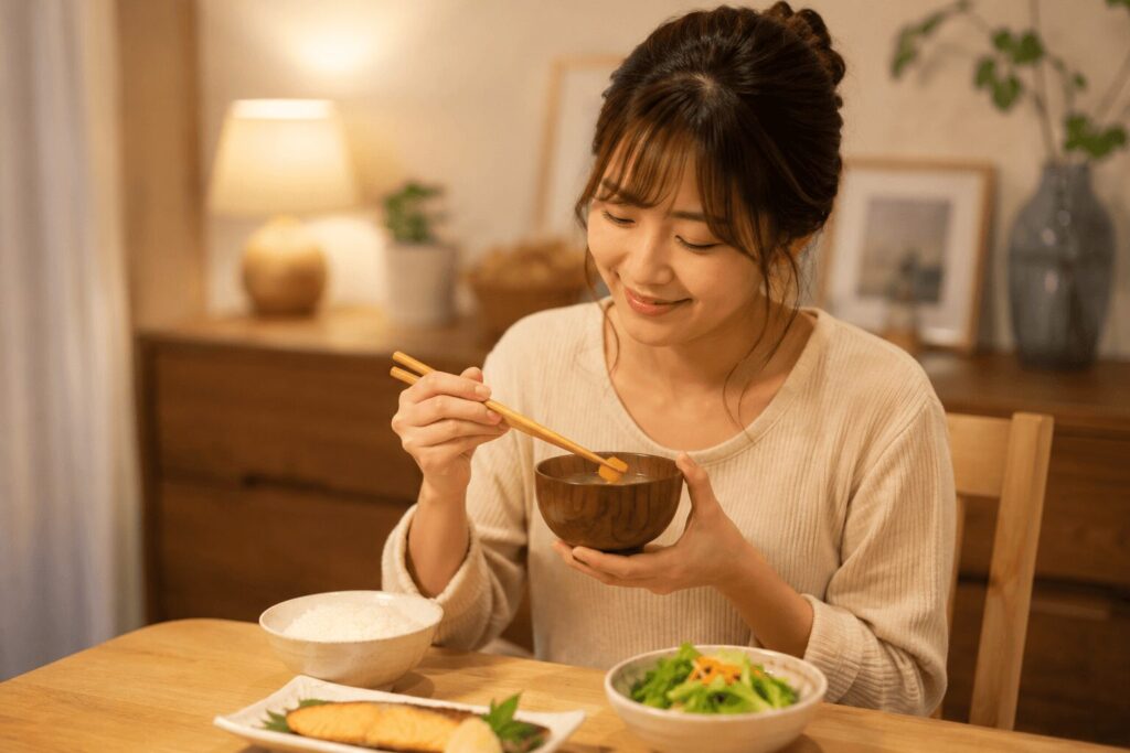 疲れた日にリラックスして食事する女性のイメージ