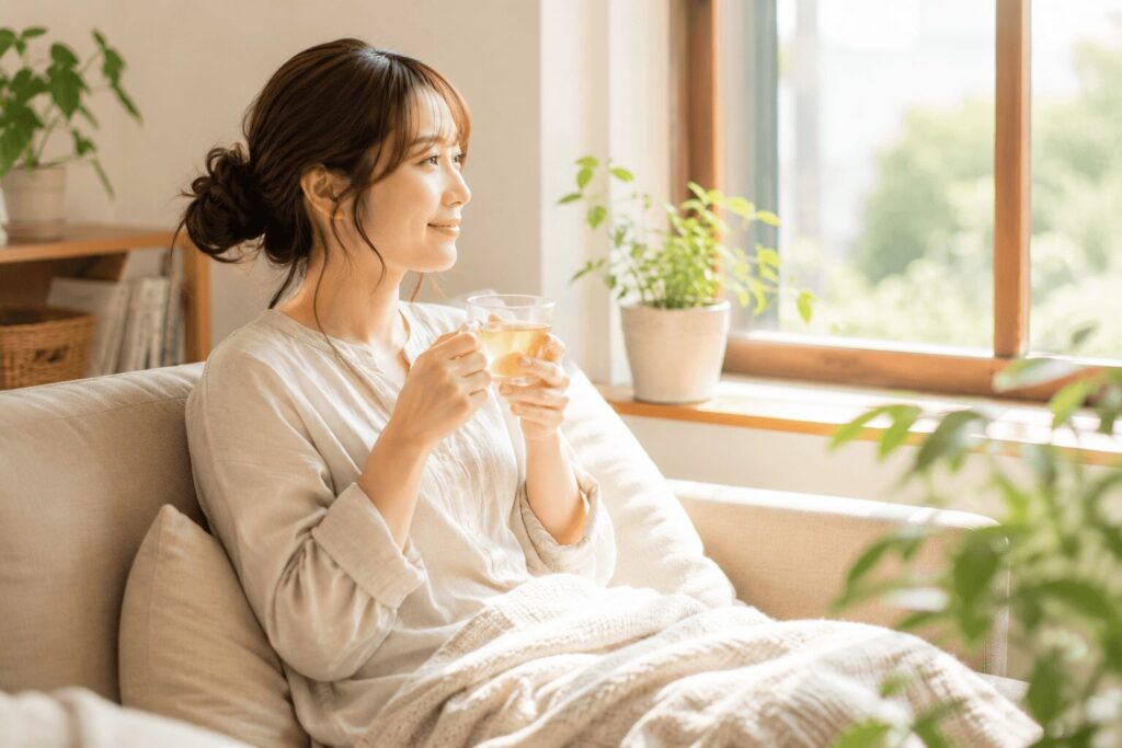 リラックスしてお茶を飲む女性のイメージ