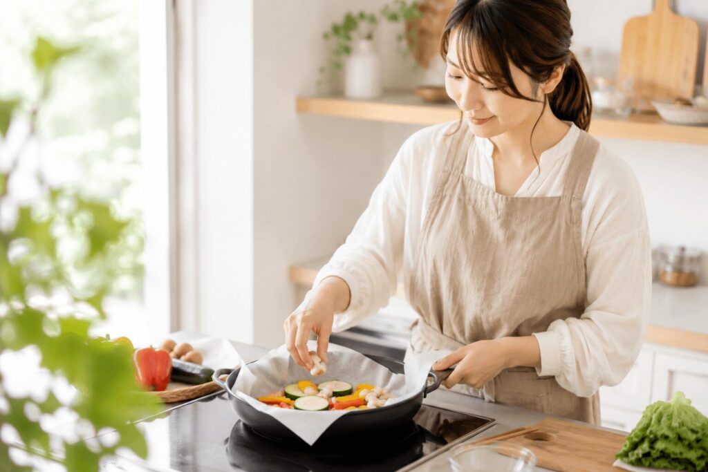 油を使わずクッキングシートで焼く調理のイメージ