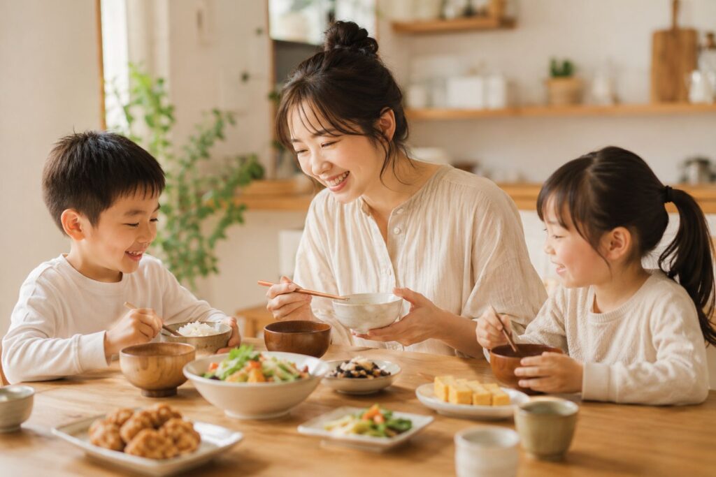 家族でゆるく食事を楽しむイメージ