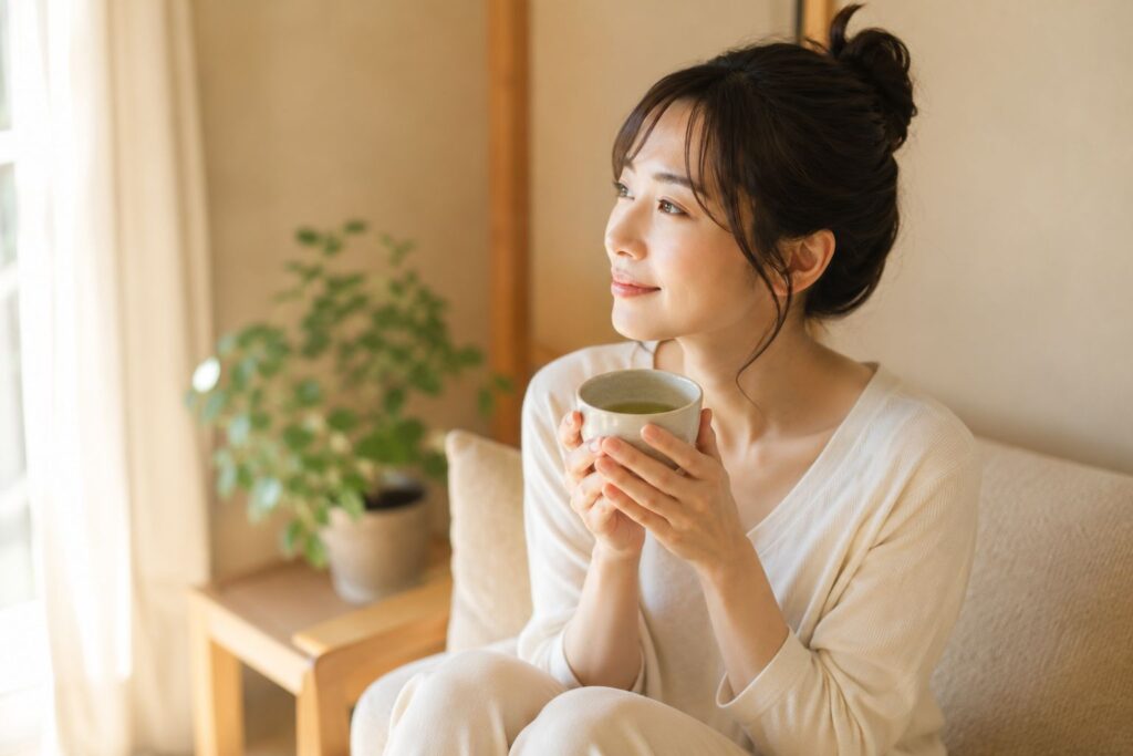お茶を飲んでリラックスする女性のイメージ
