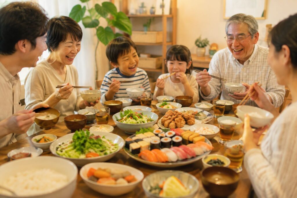 みんなで囲む賑やかな食卓のイメージ