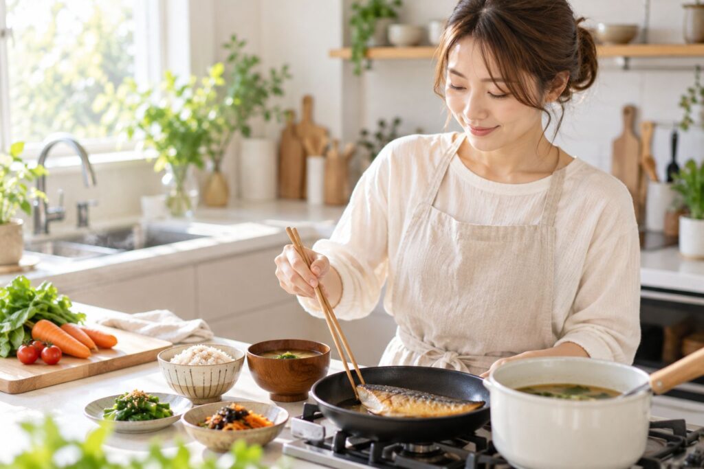シンプルな和食を作る女性のイメージ