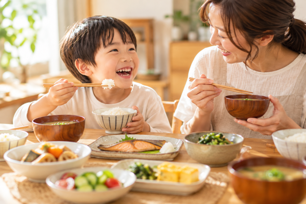 子どもと一緒にお米中心の食事をするイメージ